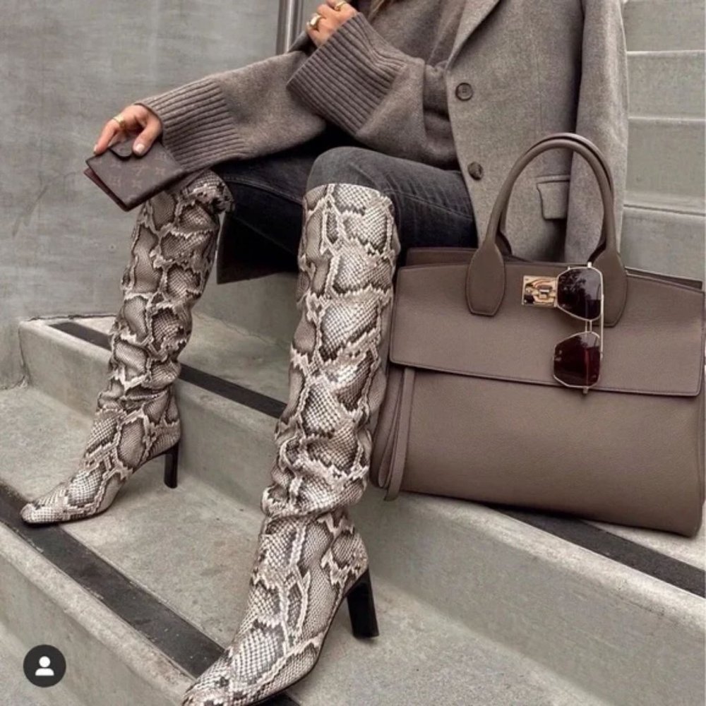ZARA Knee High Heeled Snake Boots - Picture 4 of 6